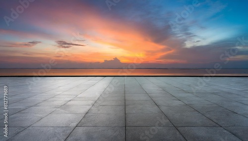 scenic sunset panorama sky background with dark concrete floor photo