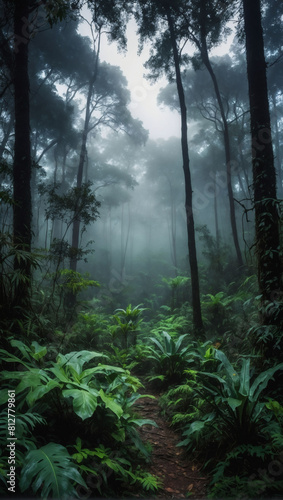 Mystical Forest Haven, Panoramic Jungle Vista Amidst Foggy Expanse.