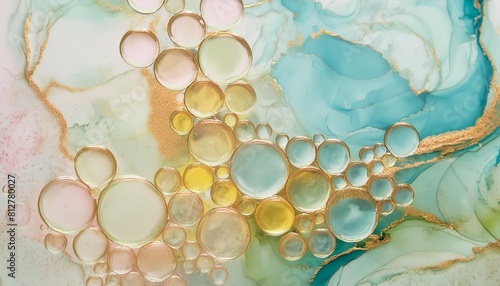 colored abstract background golden bubbles watercolor image in pastel colors photo