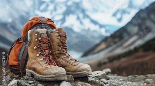 A pair of hiking boots and a backpack resting on a rocky trail, with snow-capped mountains in the background, highlighting the rugged yet stylish attire for outdoor adventures in the colder months. photo