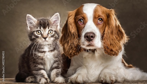 portrait of a kitten scottish straight and dog russian spaniel photo