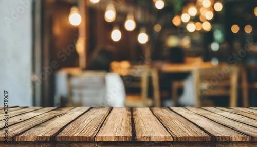 empty wooden table in cafe setting ideal for product display featuring blurred bokeh background creating abstract for bar restaurant or coffee shop interior space for celebration business or lifestyle photo