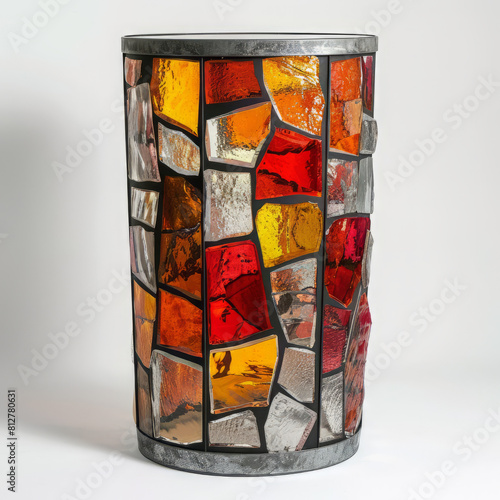 A beautiful handmade stained glass mosaic candle holder in warm colors. photo