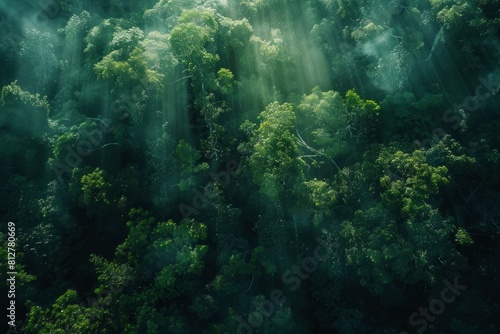 A lush green forest with sunlight shining through the trees © Irfanan