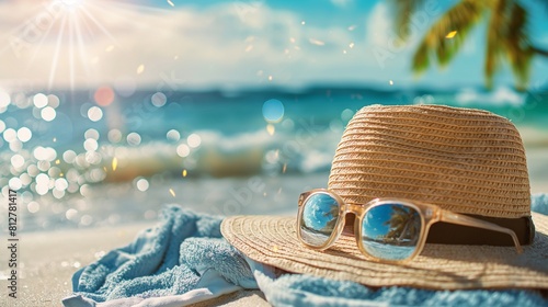 A straw sun hat and sunglasses resting on a beach towel, with sparkling ocean waves and palm trees in the distance,  the laid-back vibe of summertime relaxation.