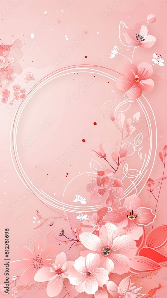 Floral serenity: A backdrop of soft pink with intricate flowers and a white circle as the focal point. Graceful design concept Floral serenity: A backdrop of soft pink with intricate flowers and a white circle as the focal point. Graceful design concept