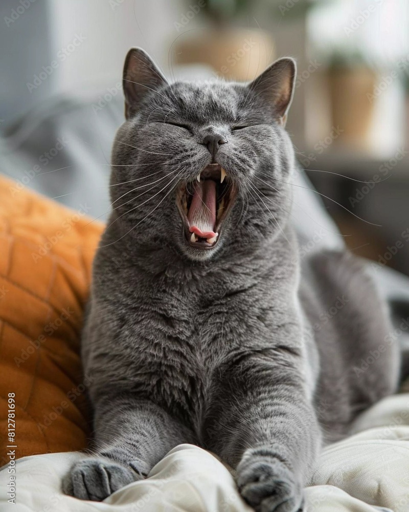 A gray cat is sitting on a bed and yawning. The cat's eyes are closed and its mouth is wide open. Its fur is short and gray. The background is blurry.