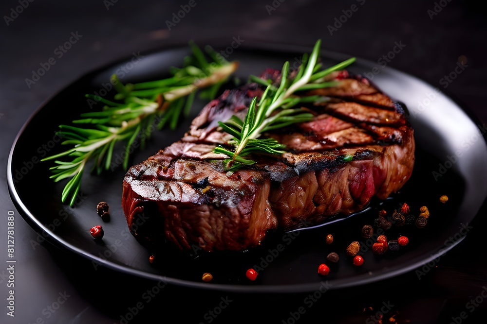 Grilled steak with rosemary and spices on black plate on dark background Grilled steak with rosemary and spices on black plate on dark background