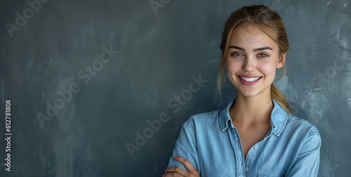 Portrait of cute confident pretty woman with beaming smile standing over grey background with copy space, having her hand crossed © Hasanka