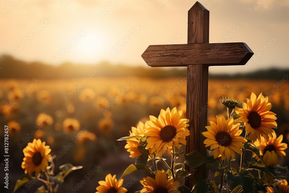 custom made wallpaper toronto digitalThe wooden cross stands in a field of sunflowers, reaching towards the setting sun.