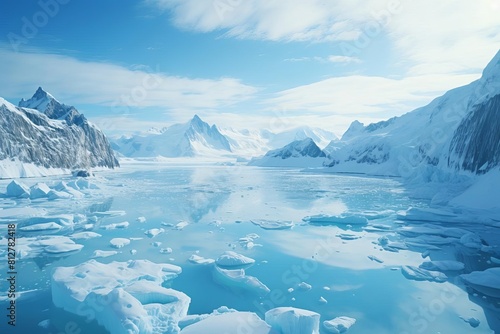 The photo shows a beautiful icy landscape with icebergs floating in the water.