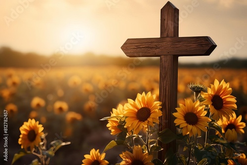 The wooden cross stands in a field of sunflowers, reaching towards the setting sun.