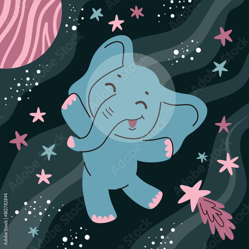 An elephant flies in space among the stars and planets.Baby character, animals print for children.Flat vector illustration in cartoon style