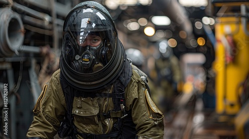 maintenance technician, equipped with an explosive ordnance disposal suit, stands alert in an industrial setting, reflecting the intensity of his role. © Thanapipat