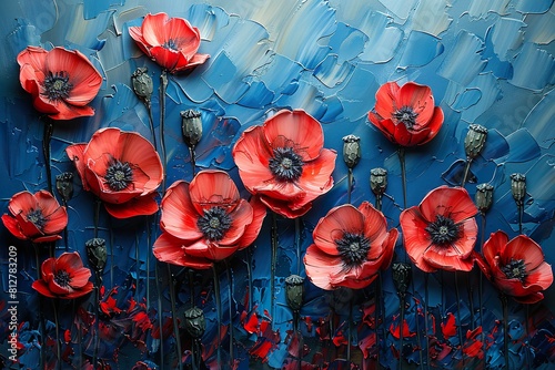A painting featuring vibrant red poppy flowers set against a striking blue background,