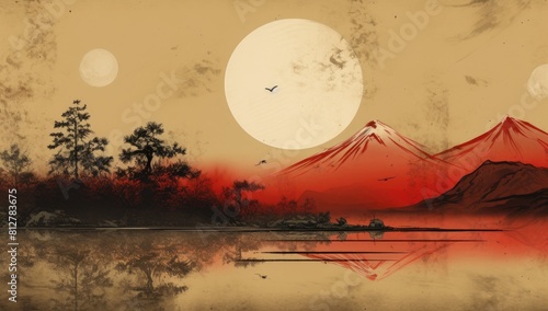 A painting of a mountain range with a large red sun in the background