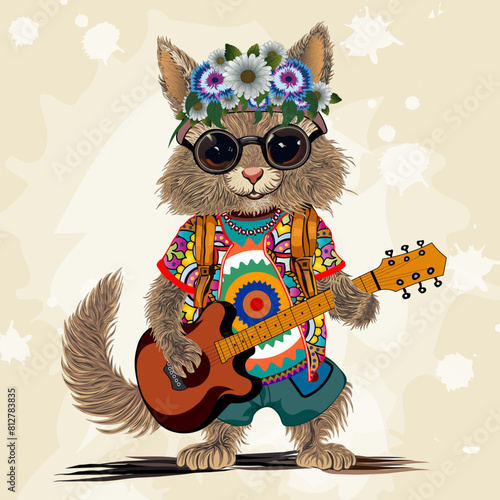 Funny cartoon chipmunk with a guitar. Hipper character. Vector illustration.