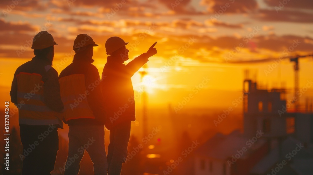 Fototapeta premium Group of builders pointing and planning with sunset background.