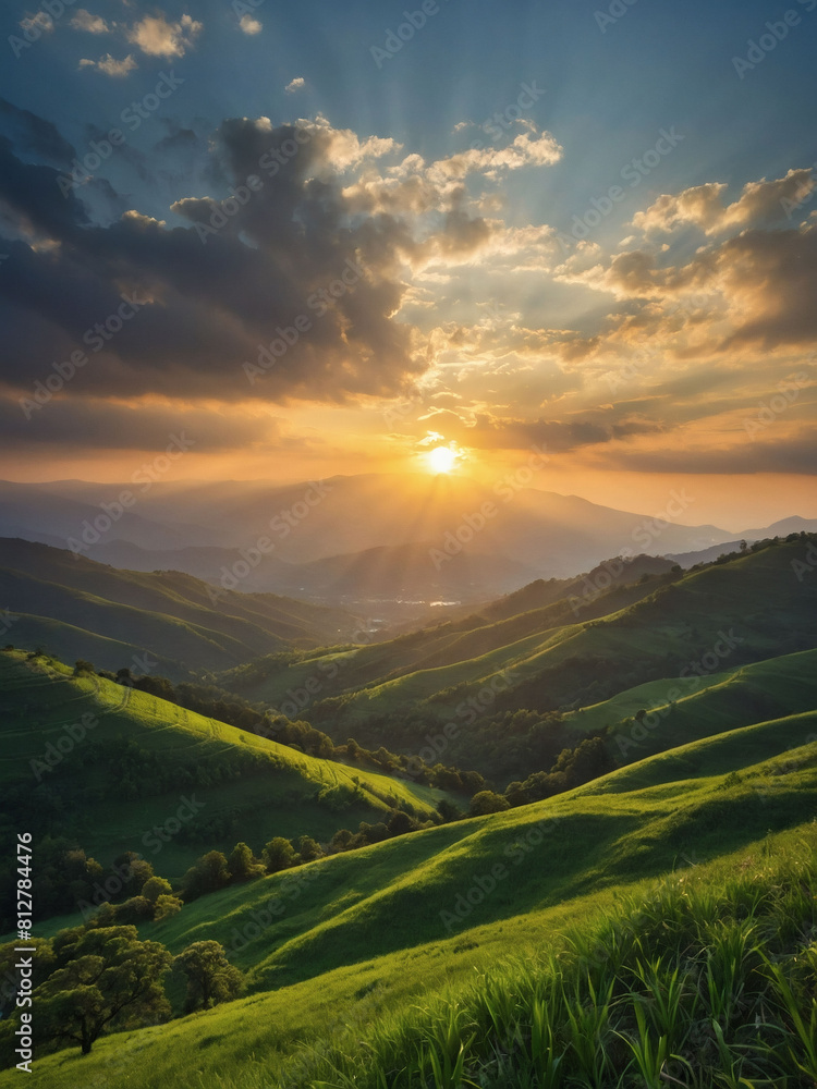 Nature's Awakening, Sun Rising Above Green Mountains, Painting the Sky with Fluffy Clouds in a Fresh Morning Scene.