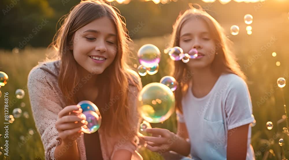 Nature’s Harmony. Teenagers Blowing Bubbles at Sunset Nature’s Harmony. Teenagers Blowing Bubbles at Sunset