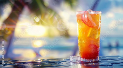 Fototapeta Naklejka Na Ścianę i Meble -  A glass of cold tropical fruit juice with ice cubes sitting on a table by the beach