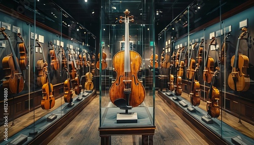 Exhibit a museum wing dedicated to vintage musical instruments, with rare guitars, pianos, and violins on display, each with its own unique story photo