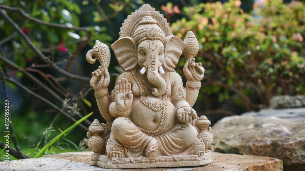 Sandstone sculpture of Ganesha, depicted with his consort, in a tranquil garden setting