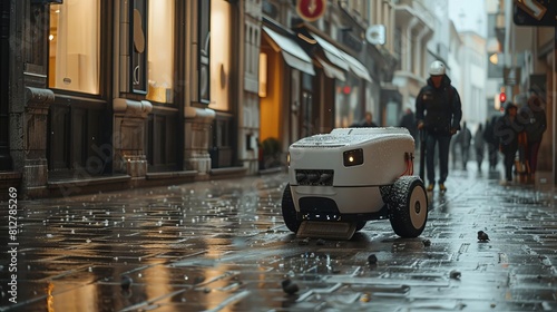 Exhibit a robot performing street cleaning tasks in an urban environment, equipped with pollution monitoring sensors