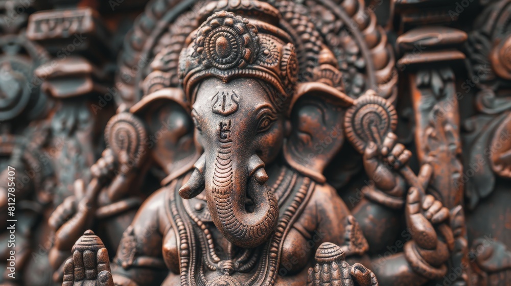 Close-up of a Ganesha idol with intricate details, emphasizing the symbolic mouse at his feet