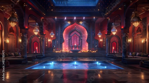 A glamorous Barat venue with a sparkling dance floor, luxurious seating areas, and a stage fit for a grand entrance, evoking a sense of excitement and celebration, in high-definition realism photo