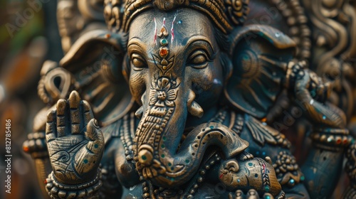 Close-up of a Ganesha idol with intricate details, emphasizing the symbolic mouse at his feet