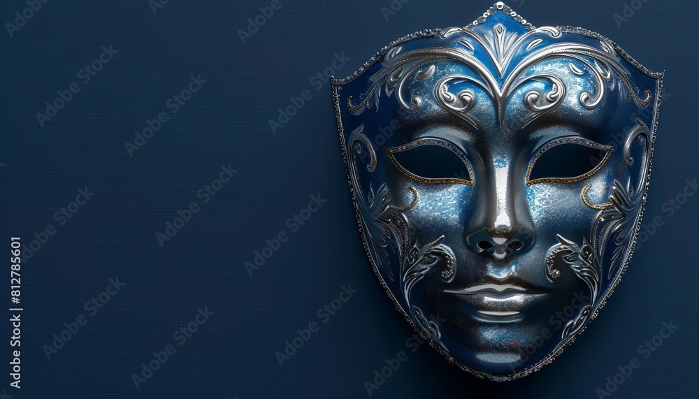 Exhibit a Venetian mask with a sleek, modern design using metallic shades, displayed prominently on a dark blue background