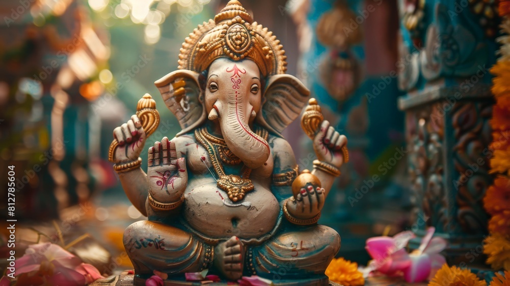 Fototapeta premium Painted clay idol of Ganesha set against a festive background, ready for Ganesh Chaturthi celebrations