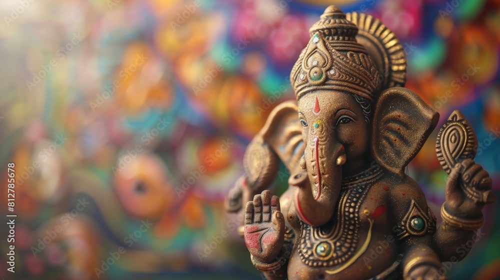 Painted clay idol of Ganesha set against a festive background, ready for Ganesh Chaturthi celebrations Painted clay idol of Ganesha set against a festive background, ready for Ganesh Chaturthi celebrations