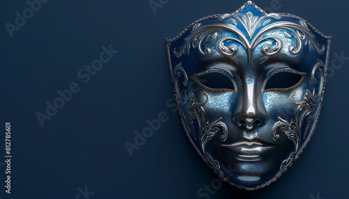 Exhibit a Venetian mask with a sleek, modern design using metallic shades, displayed prominently on a dark blue background