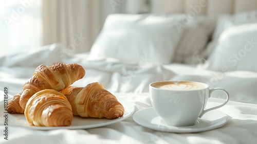 A plate of croissants and a cup of coffee for breakfast in bed