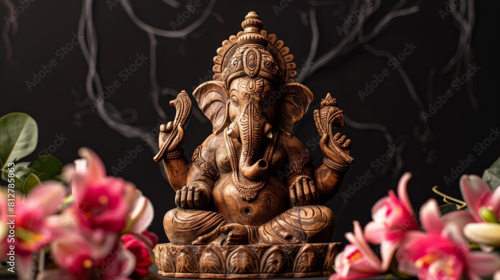 A beautifully carved statue of Lord Ganesha in a serene pose, adorned with vibrant flowers A beautifully carved statue of Lord Ganesha in a serene pose, adorned with vibrant flowers