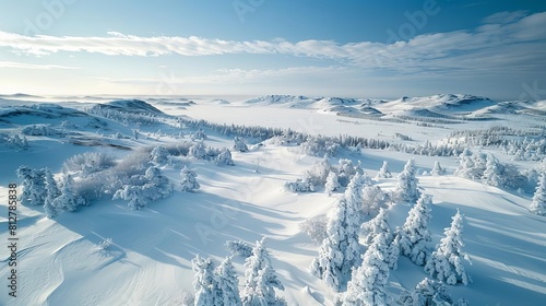 Exhibit an aerial view of a vast Arctic tundra blanketed in snow, a pristine wilderness untouched by human hands
