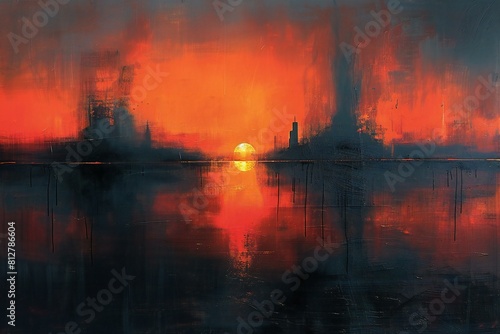 Sunset over the city, Oil painting on canvas, Modern art
