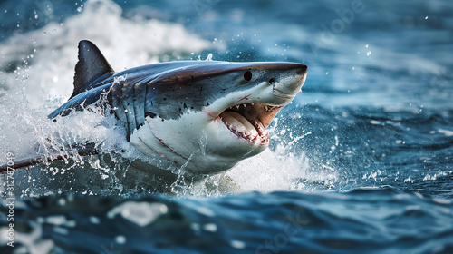 A great white shark emerges fiercely from the ocean, baring its teeth.