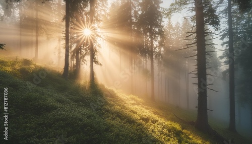 mist in forest with sunbeam rays woods landscape photo