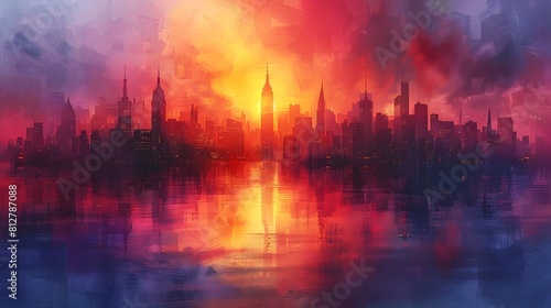Fiery Cityscape Reflecting in Shimmering Waters at Dramatic Sunset Over Modern Metropolis Skyline