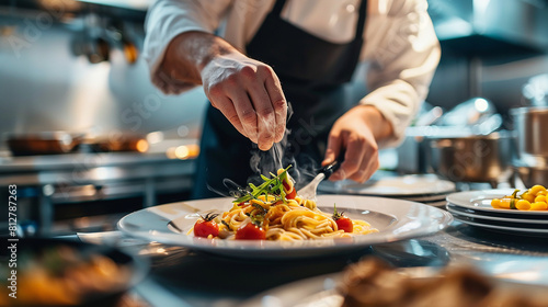 A chef meticulously garnishes a plate of pasta in a bustling professional kitchen.