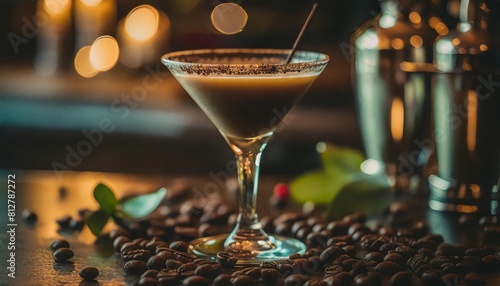 an espresso martini with coffee beans surrounding photo