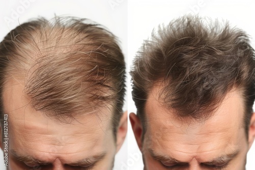 A man scalp before starting treatment and after significant hair regrowth on a white background photo