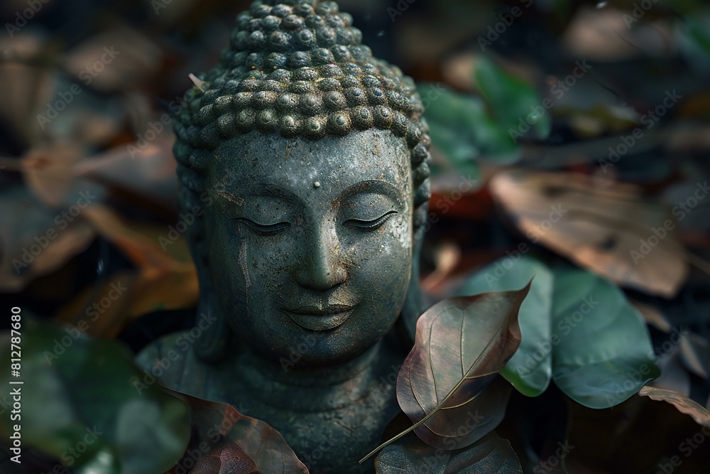 Featuring a buddha statue on the leaves, high quality, high resolution