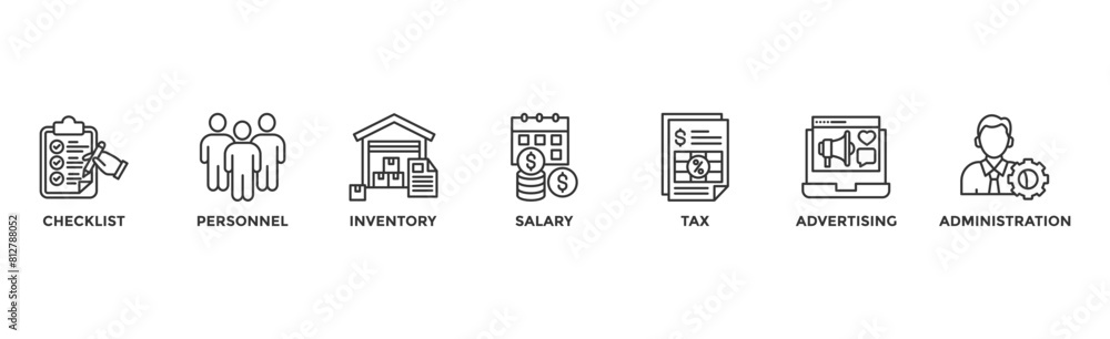 Cost reduction banner web icon illustration concept with icon of checklist, personnel, inventory, salary, tax, advertising and administration Cost reduction banner web icon illustration concept with icon of checklist, personnel, inventory, salary, tax, advertising and administration