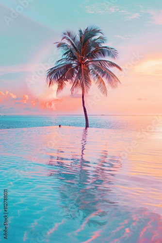 A single palm tree in the middle of clear water on a tropical island, with pastel colors at sunrise. © Viktor