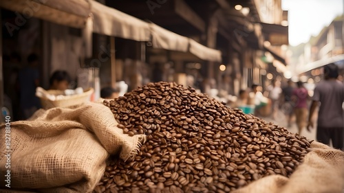 A bustling coffee market with vendors selling bags of freshly roasted coffee beans, their enticing aromas filling the air. 