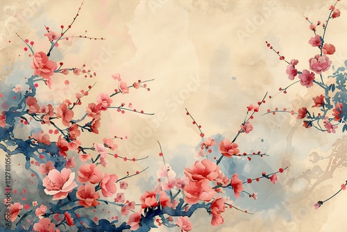 Digital artwork of watercolor background of pink and blue flowers